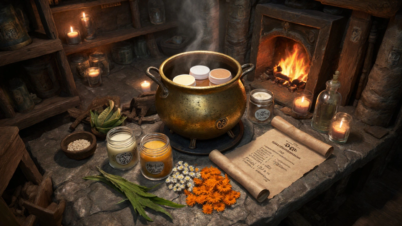 Alchemist workshop with jars of coconut oil, shea butter, beeswax, and scattered calendula, chamomile, oatmeal, aloe.