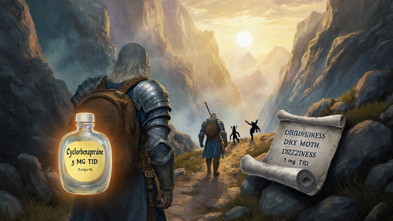 Armored hero walks a mountain path, potion glow protects against drowsiness and dizziness shadows.