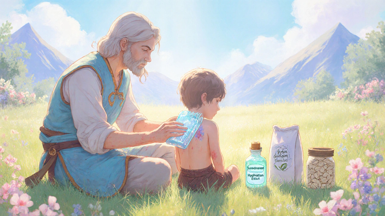 Caretaker applying cool compress and potion to a child in a sunny meadow.