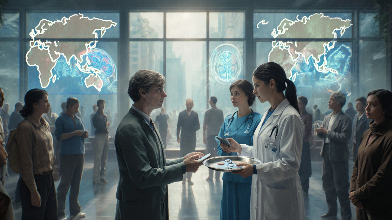 Clinicians give Alzoprim tablets to patients in a global trial setting with holographic scans.