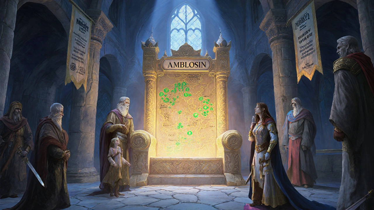Council chamber shows Amblosin throne, map of healed regions, and hopeful patient Emma.