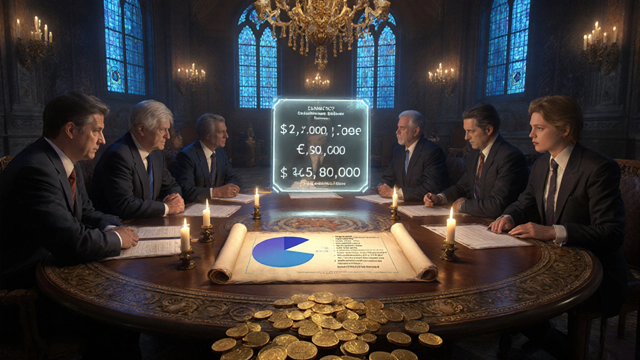 Council of leaders around table with price scrolls, coins, and market share chart.