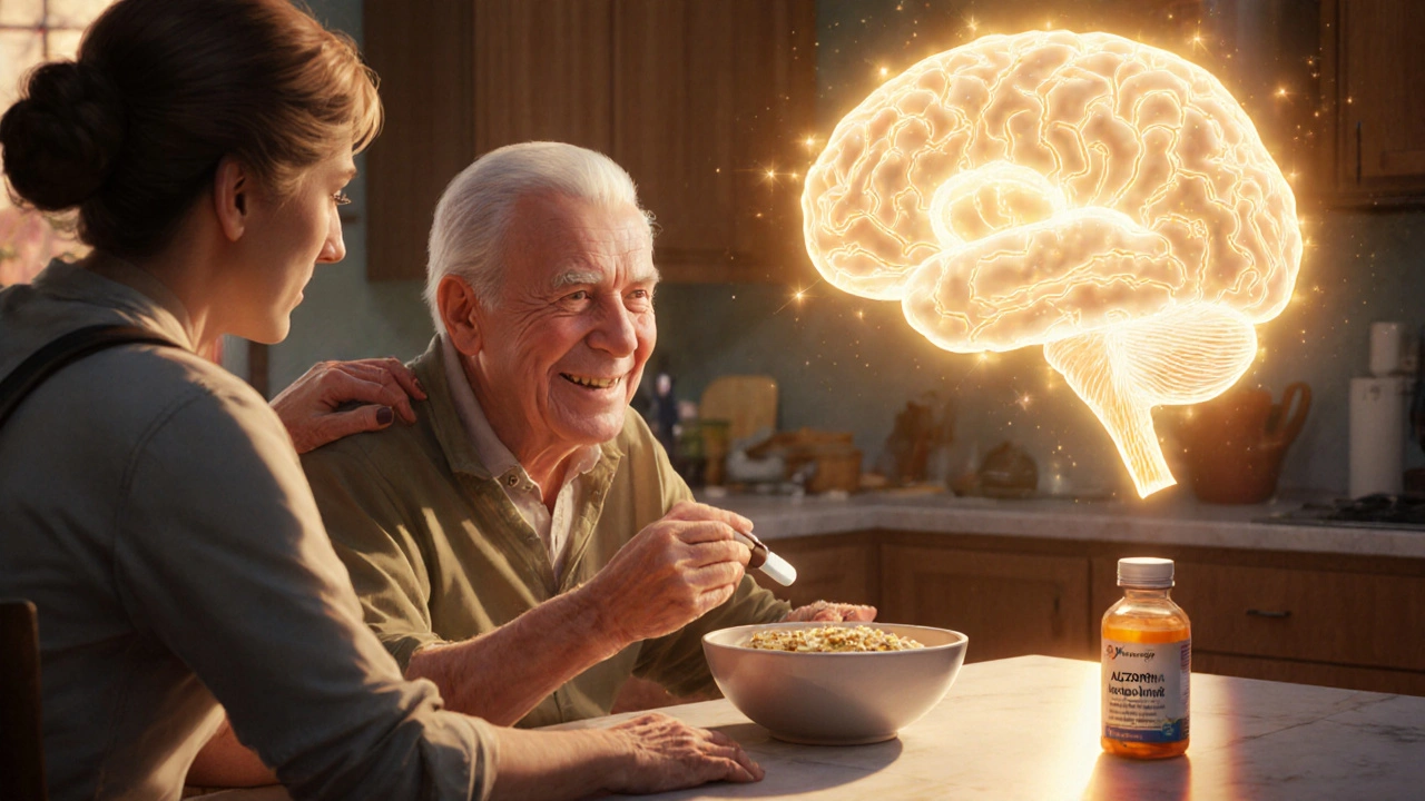 Elderly person takes Alzoprim at sunrise, with a glowing brain aura indicating hope.