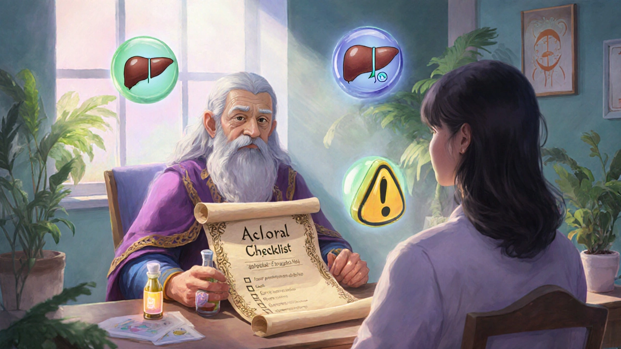 Healer and patient reviewing an Acloral safety checklist with potion.