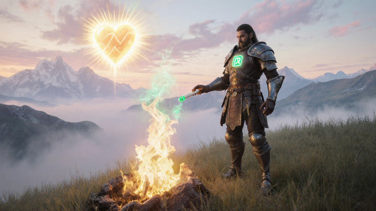 Hero discarding cigarettes, receiving glowing heart aura and healing light.
