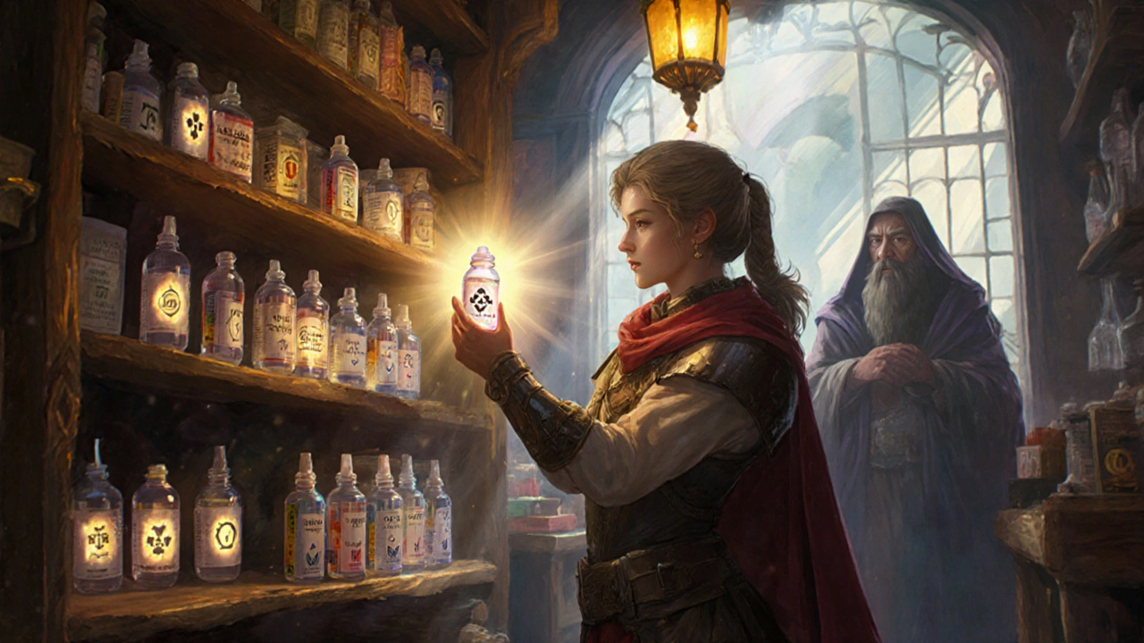 Hero examines futuristic Aldospray bottles in a bright pharmacy bazaar setting.