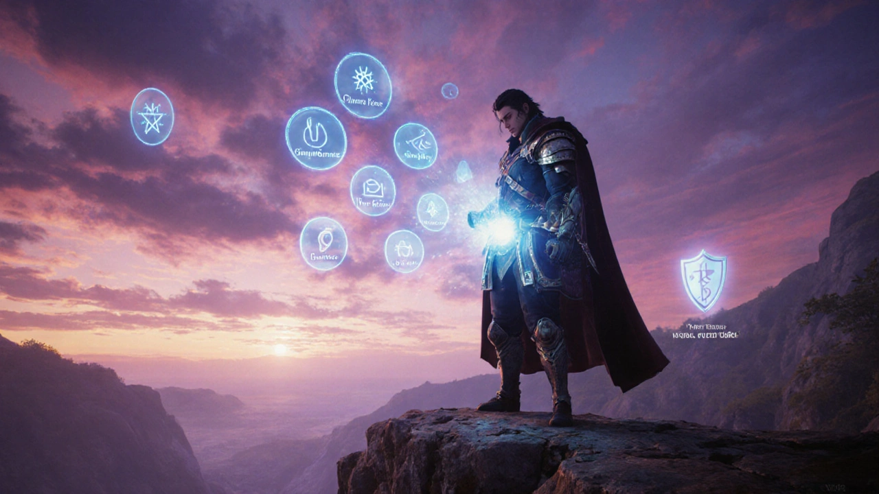 Hero on sunset cliff selecting floating icons of after‑sun remedies from a glowing satchel.