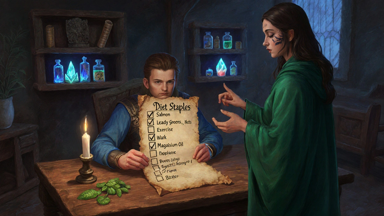 Hero reviews a parchment checklist of foods and exercises with a healer.