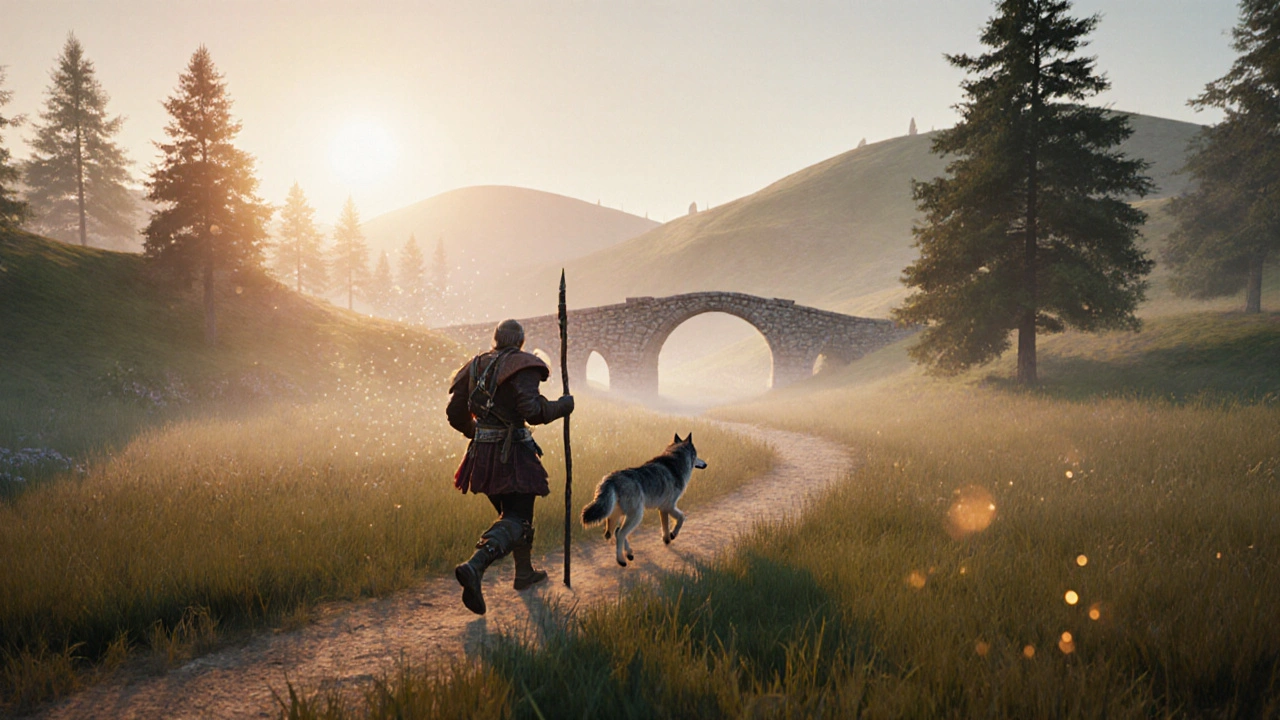 Hero walks briskly on a misty meadow path with a staff and wolf.