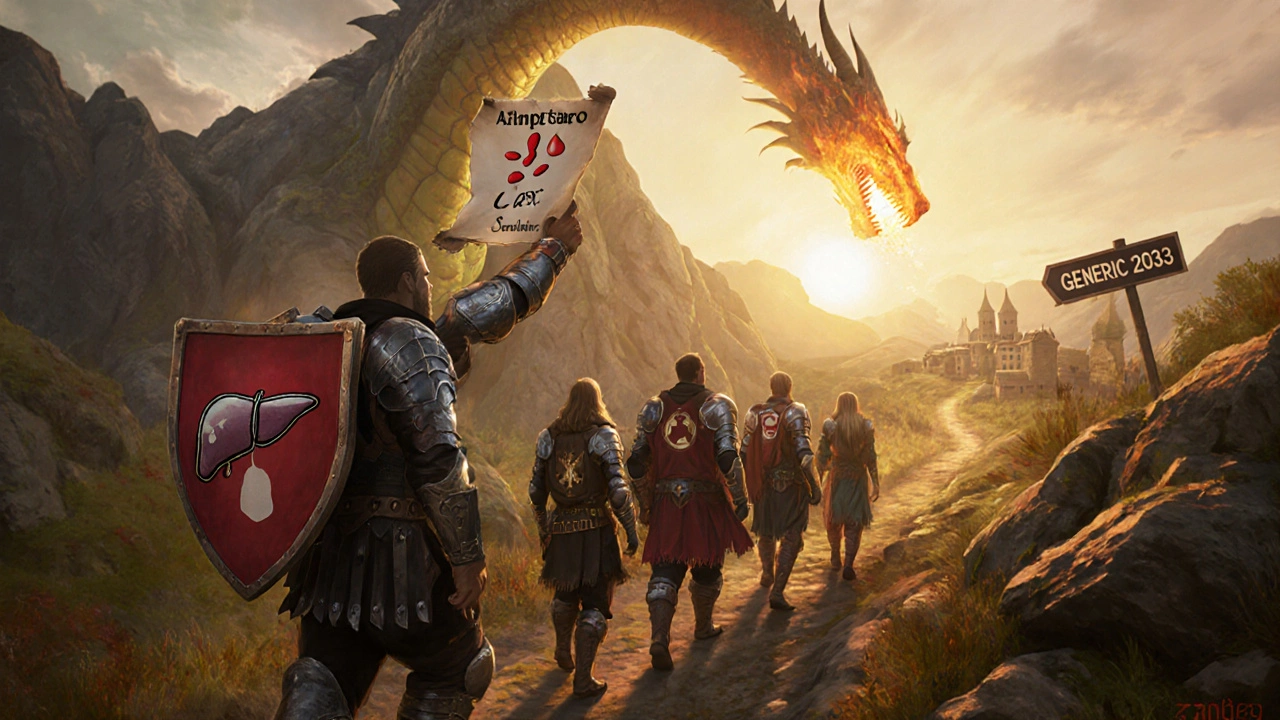 Heroes march toward sunrise, shielded by safety symbols, confronting a fading dragon.