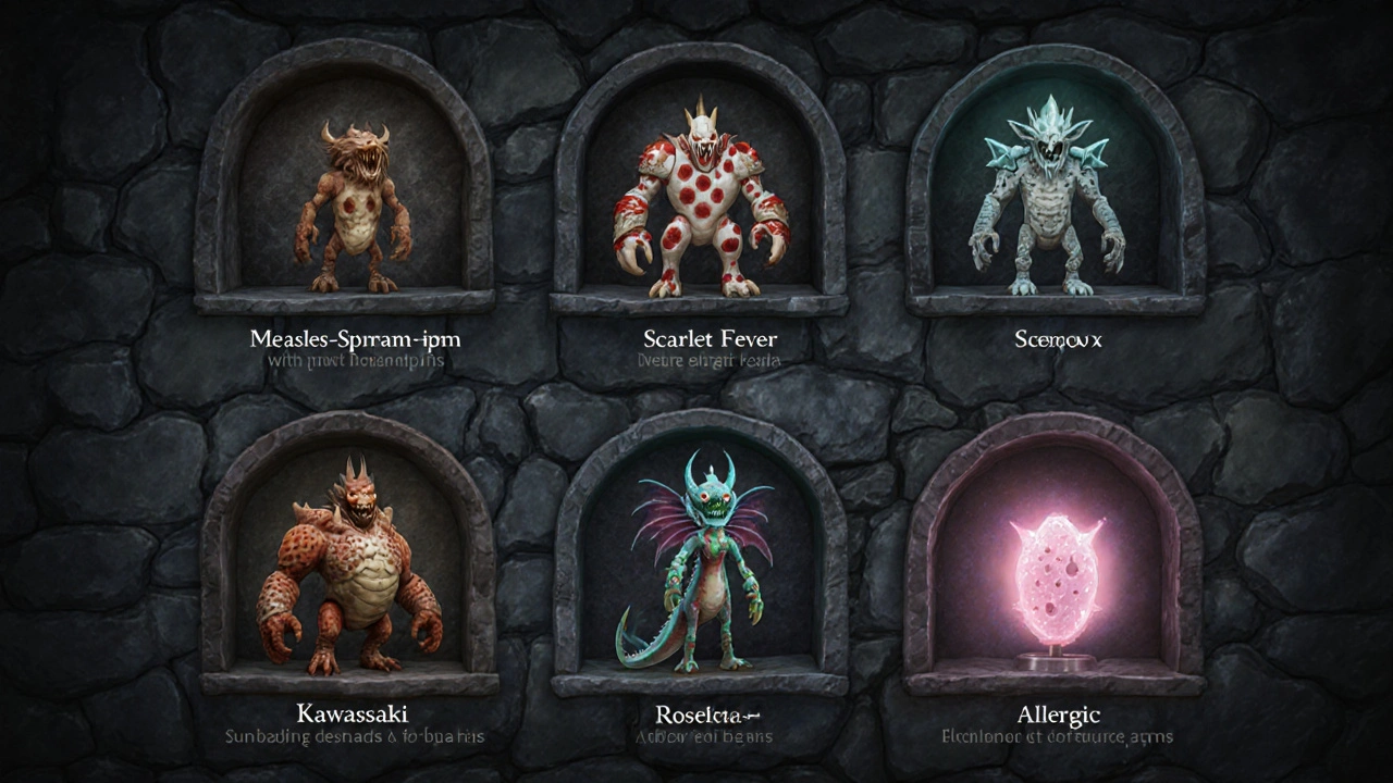 Illustrated panel of six monster-like icons representing fever‑rash diseases.