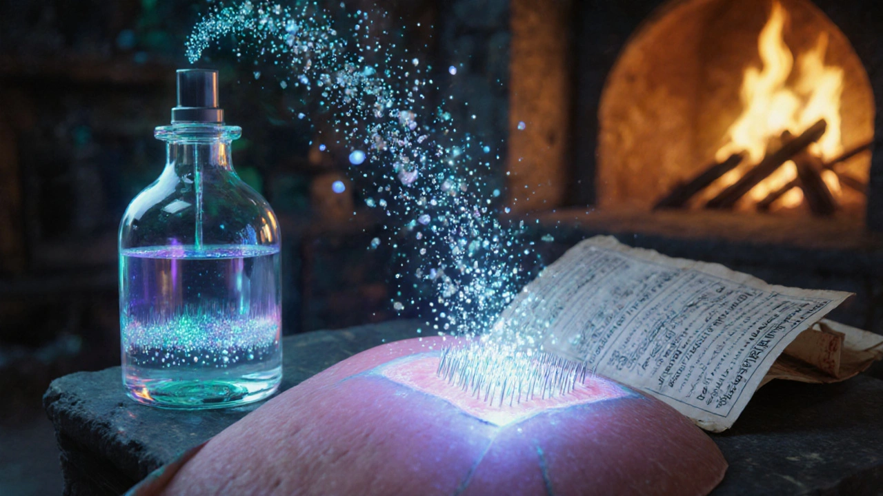 Nanocarrier spray releases glowing particles into skin, with a silver microneedle patch nearby.