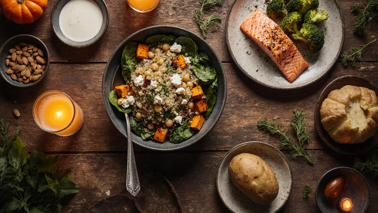 Overhead view of a table with quinoa salad, salmon, vegetables, and nutrient‑rich ingredients.