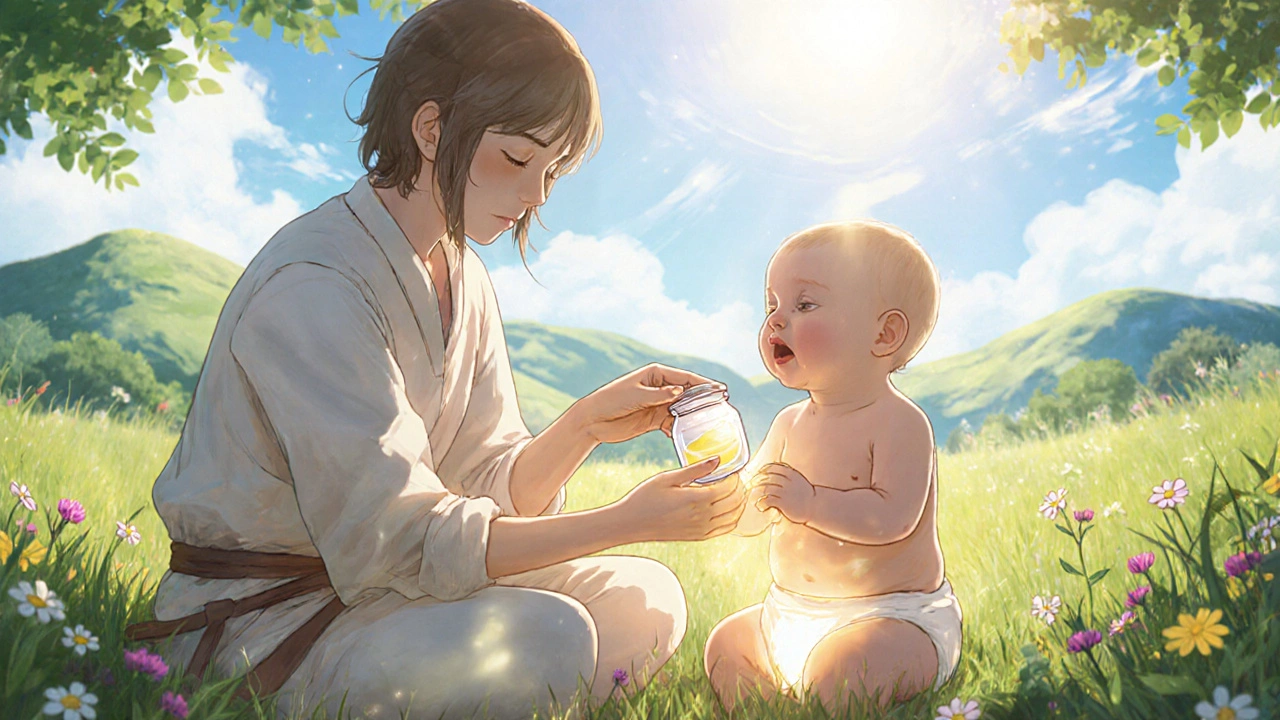 Parent applying glowing balm to baby, protective light aura surrounds diaper area in sunny meadow.