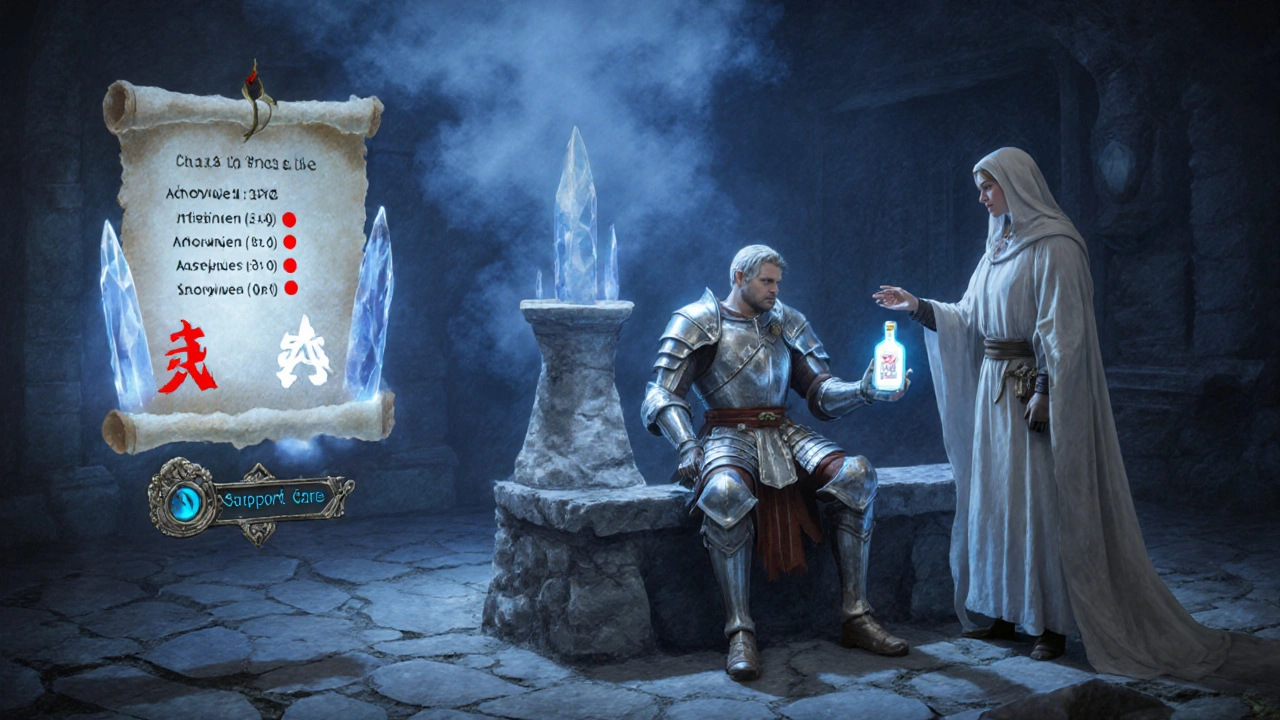 Patient in armor receives a growth factor vial from a healer amid lab result scrolls.