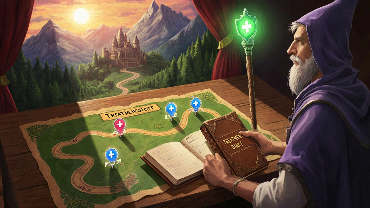 Quest map scene with patient holding a treatment diary beside a wizard doctor.