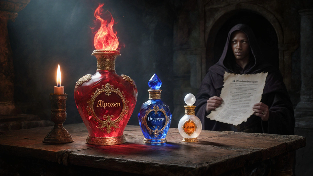 Three potion bottles representing Alpoxen, Ibuprofen, and Acetaminophen with different auras on a wooden table.
