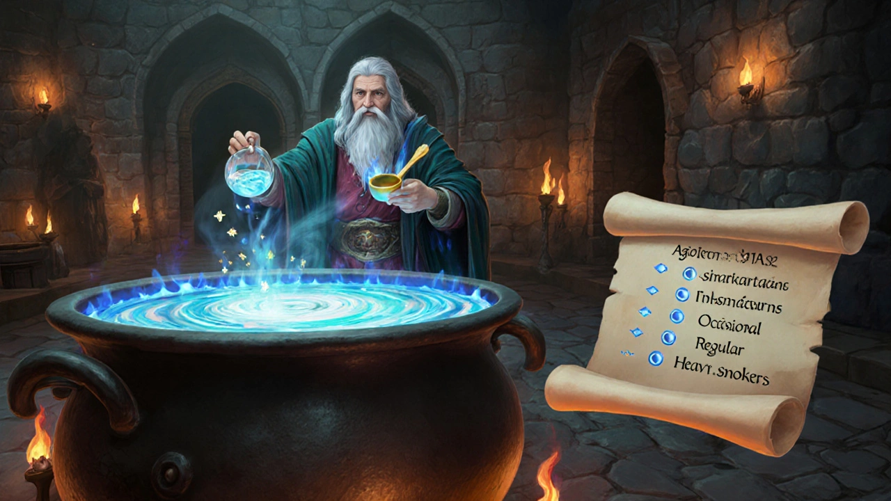 Wizard adjusting dosage potions while smoky enzyme cauldron bubbles.
