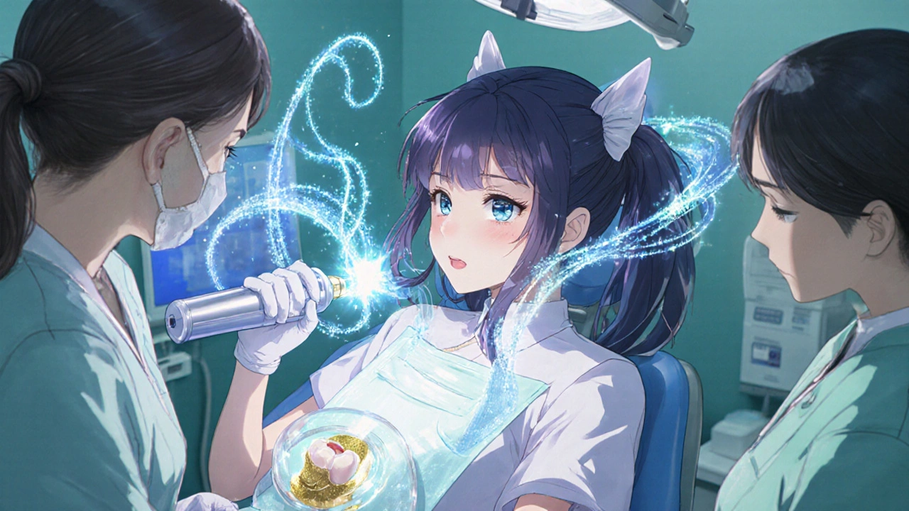 Close-up of magical girl using sparkling ultrasonic scaler, fluoride spray, and golden sealant on a tooth.