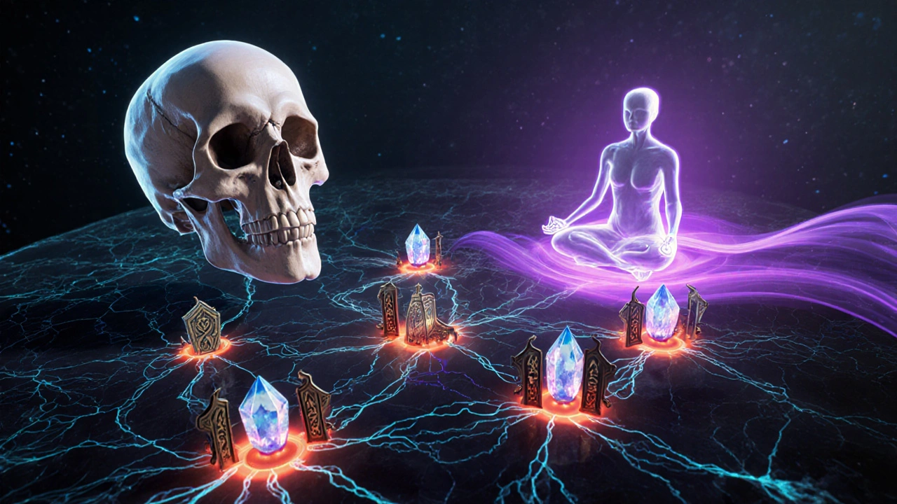 Fantasy brain map showing A‑Plex crystals blocking receptors and meditation aura calming pain centers.