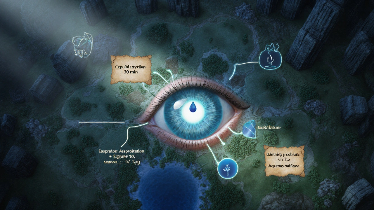 Fantasy eye map showing a besifloxacin drop moving through cornea to aqueous humor.