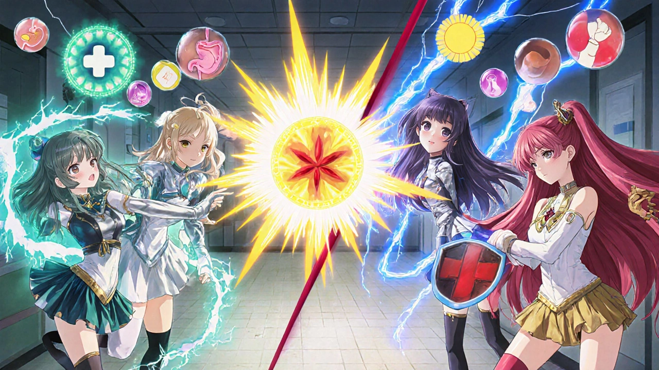 Five magical girl characters each symbolizing a different antibiotic surrounded by side‑effect icons.