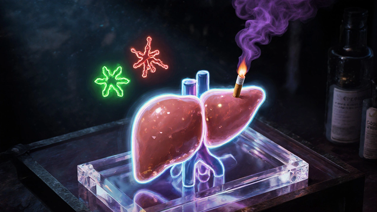 Floating liver diagram shows enzyme symbols interacting with cigarette smoke.