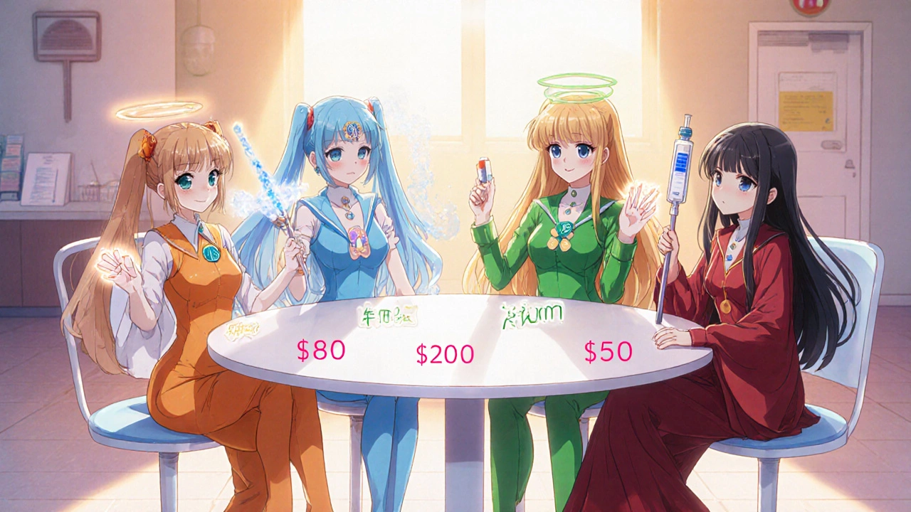 Four magical girls each holding an antiviral symbol, surrounded by floating price tags.