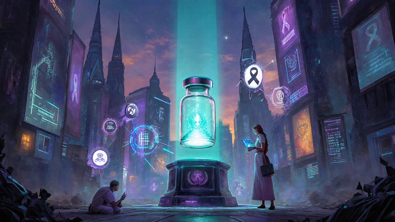 Futuristic city with vaccine vial, robot nurse, and holographic health apps showing integrated care.