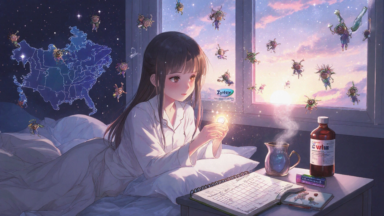 Girl sleeping with Zyrtec charm and allergy symptom journal on nightstand