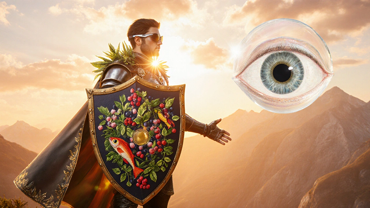 Guardian with UV goggles holds nutrition shield and crystal eye on a sunny cliff.