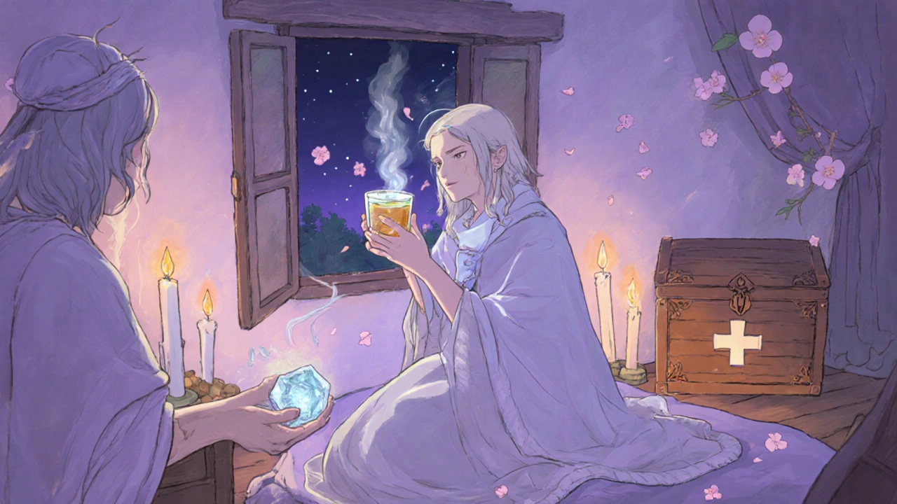 Healer assisting a feverish traveler with cooling tea, lavender candles, and gentle breezy night window.