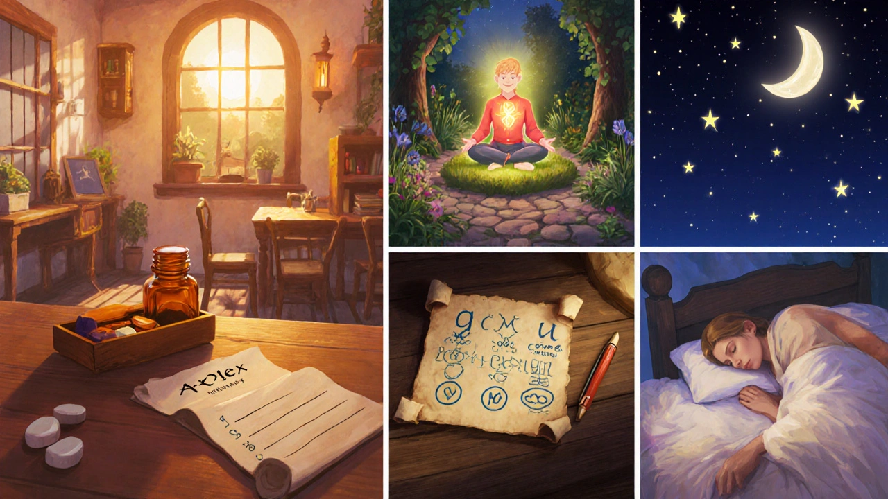 Hero's daily quest: taking A‑Plex, meditating in garden, logging pain scores, and resting peacefully.