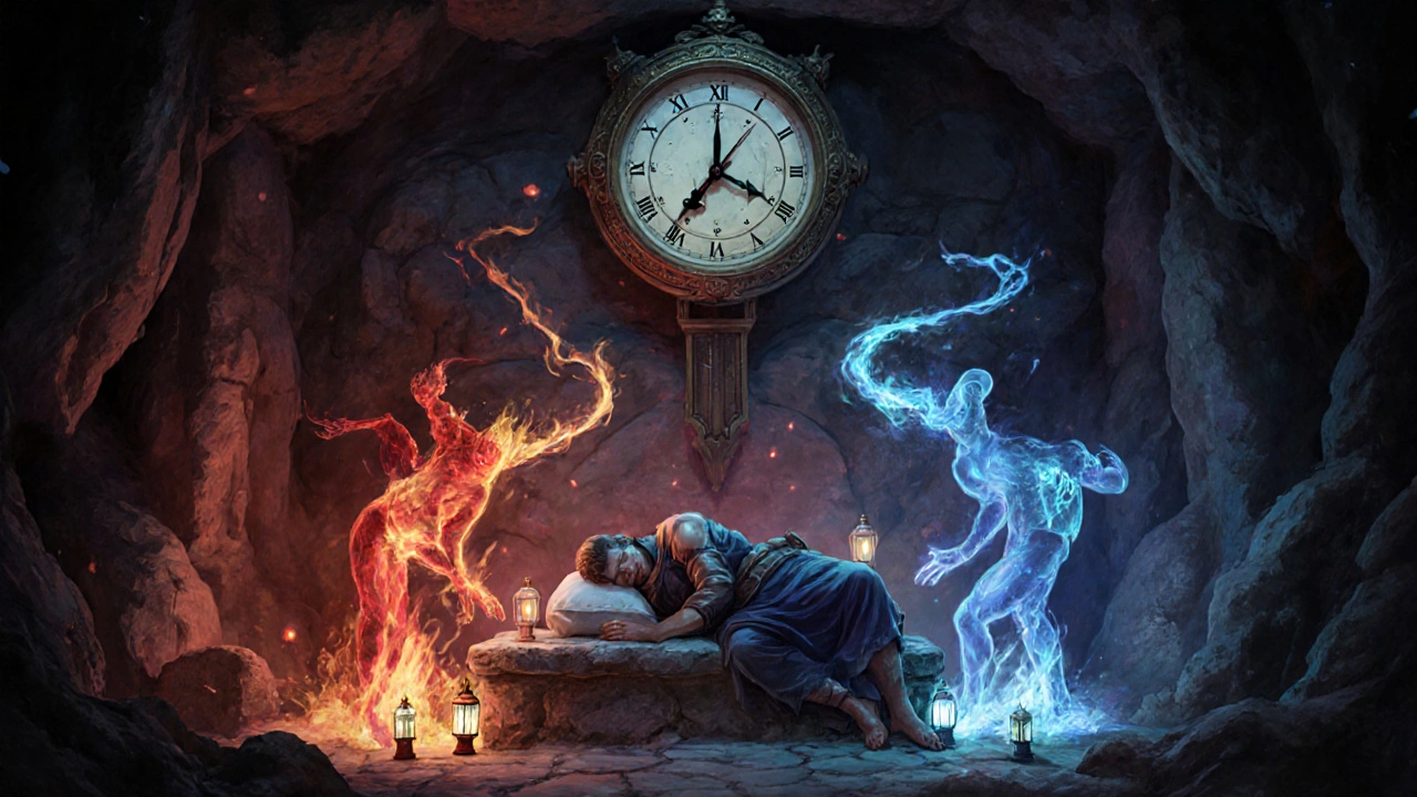 Hero on a stone altar in a glowing cavern, surrounded by red cytokine sprites and blue melatonin lights.