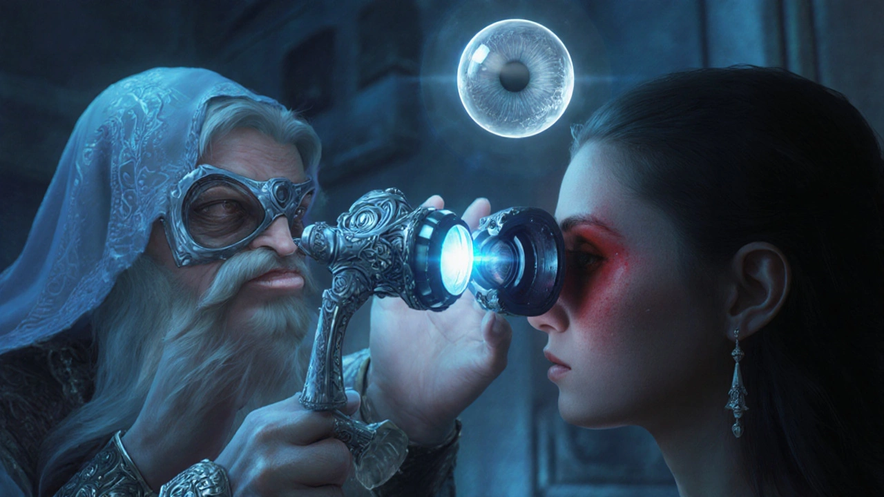 Mage‑healer uses glowing tools to examine eye swelling and cataract haze.