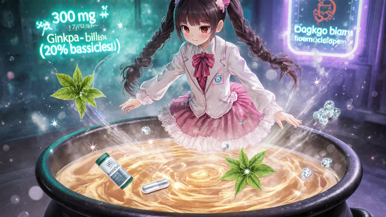 Magical alchemist girl mixing Bacopa, Ginkgo, vitamin B6, and magnesium in a glowing cauldron.
