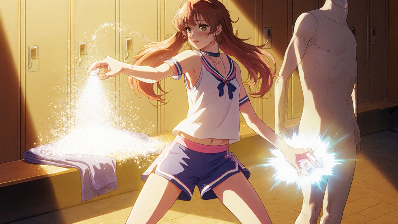 Magical girl applies sparkling antifungal mist and powder to towels and clothing to stop spread.