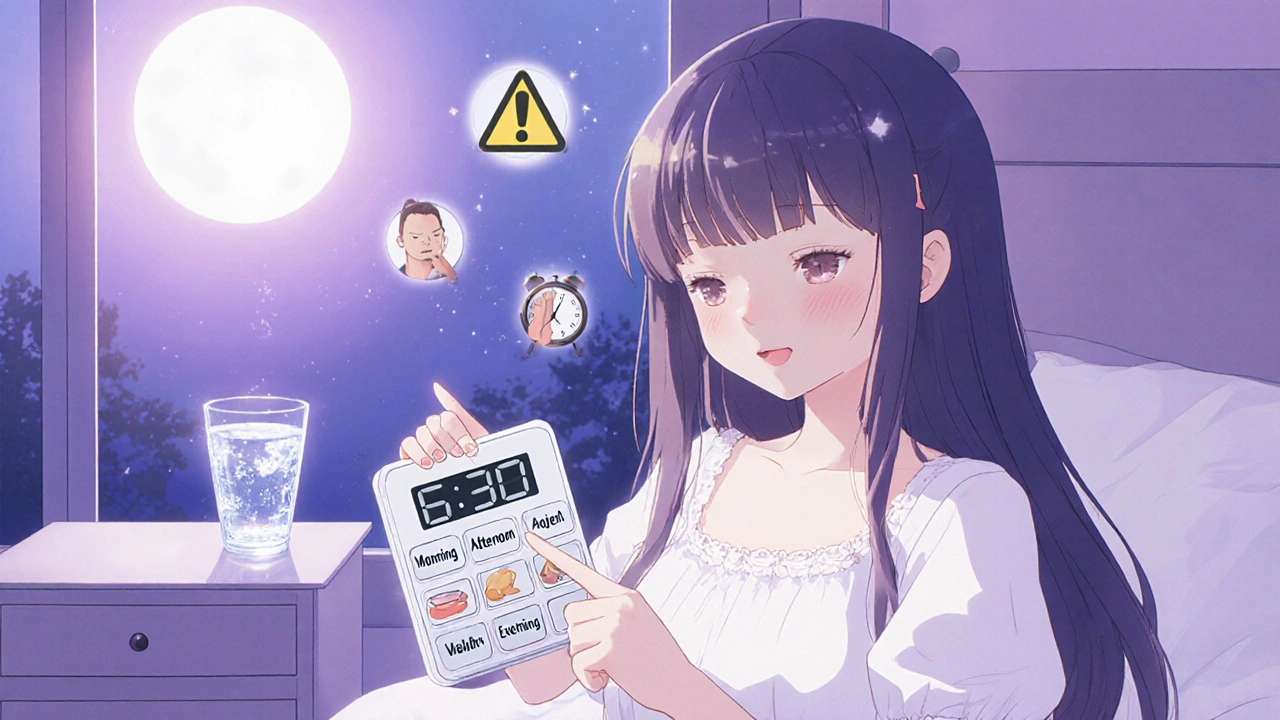 Magical girl at a bedside table with a pill organizer, alarm clock, and water glass under moonlight.