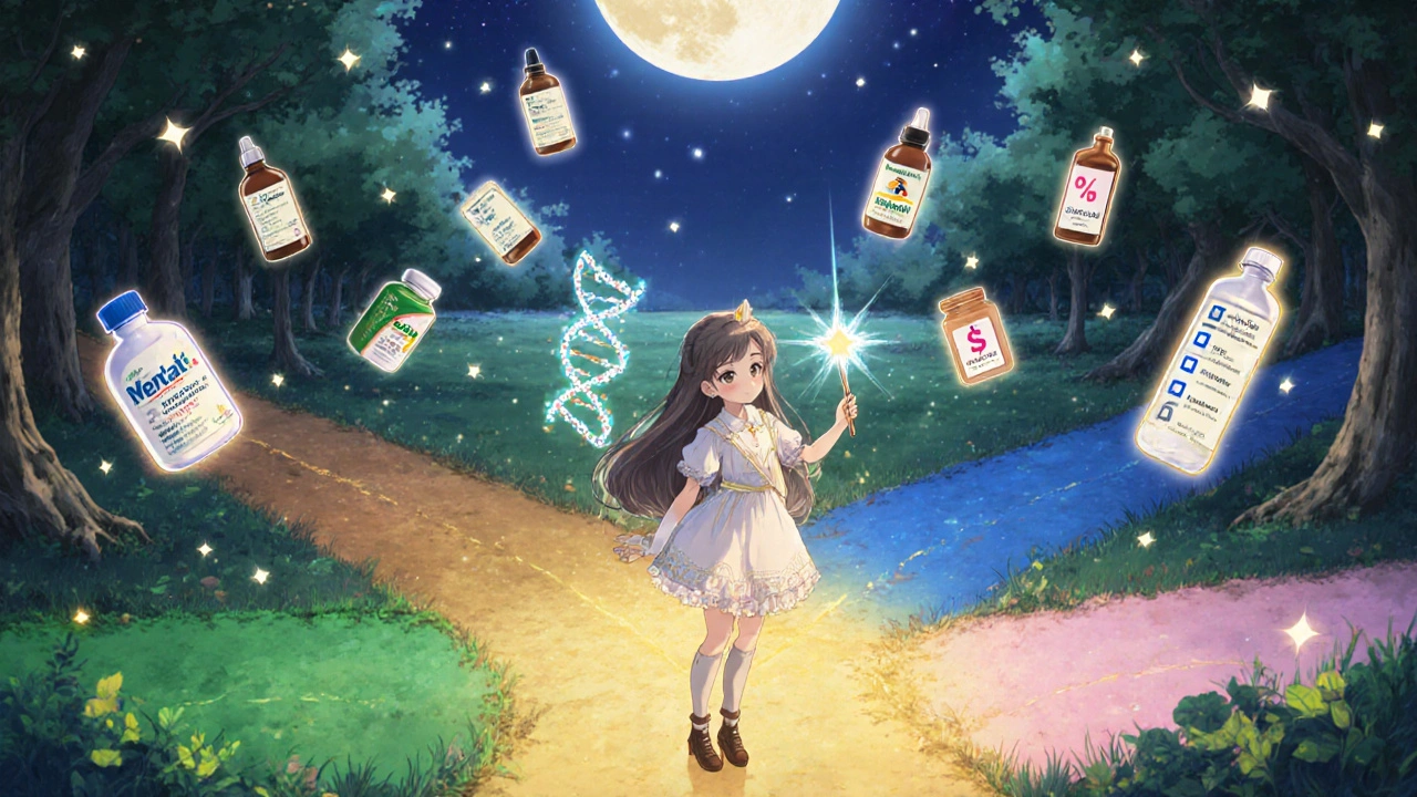 Magical girl at a forest crossroads with sparkling paths representing different Brahmi supplements.