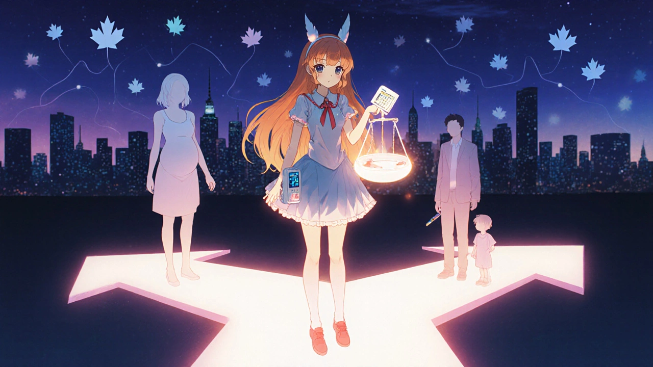 Magical girl at a forked path holding a scale, with silhouettes of pregnant, elderly, and child figures behind her.