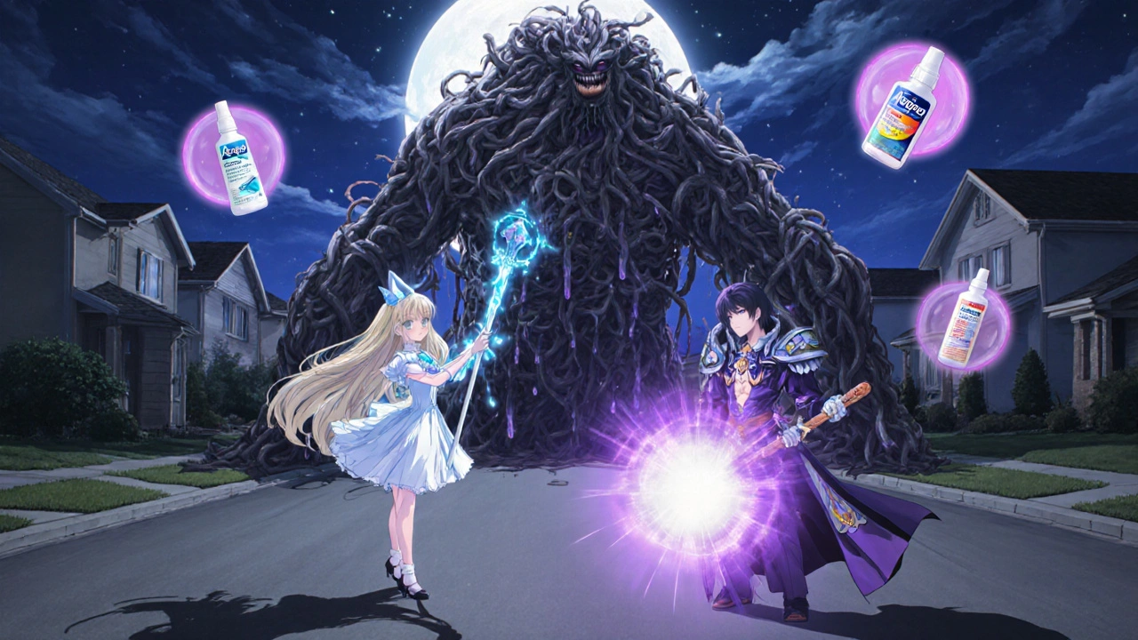 Magical girl battling congestion monster with Allegra and Zyrtec powers