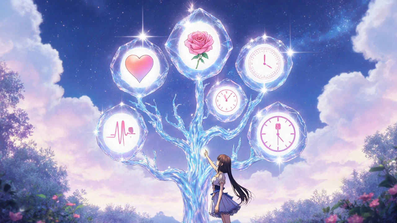 Magical girl beside a glowing decision tree with icons for anxiety, sexual side effects, pain, tapering, and cost.