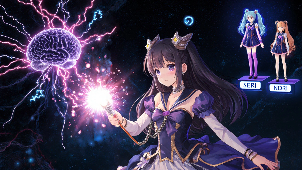 Magical girl blocking a serotonin transporter gate, showing serotonin particles and electric brain zaps.