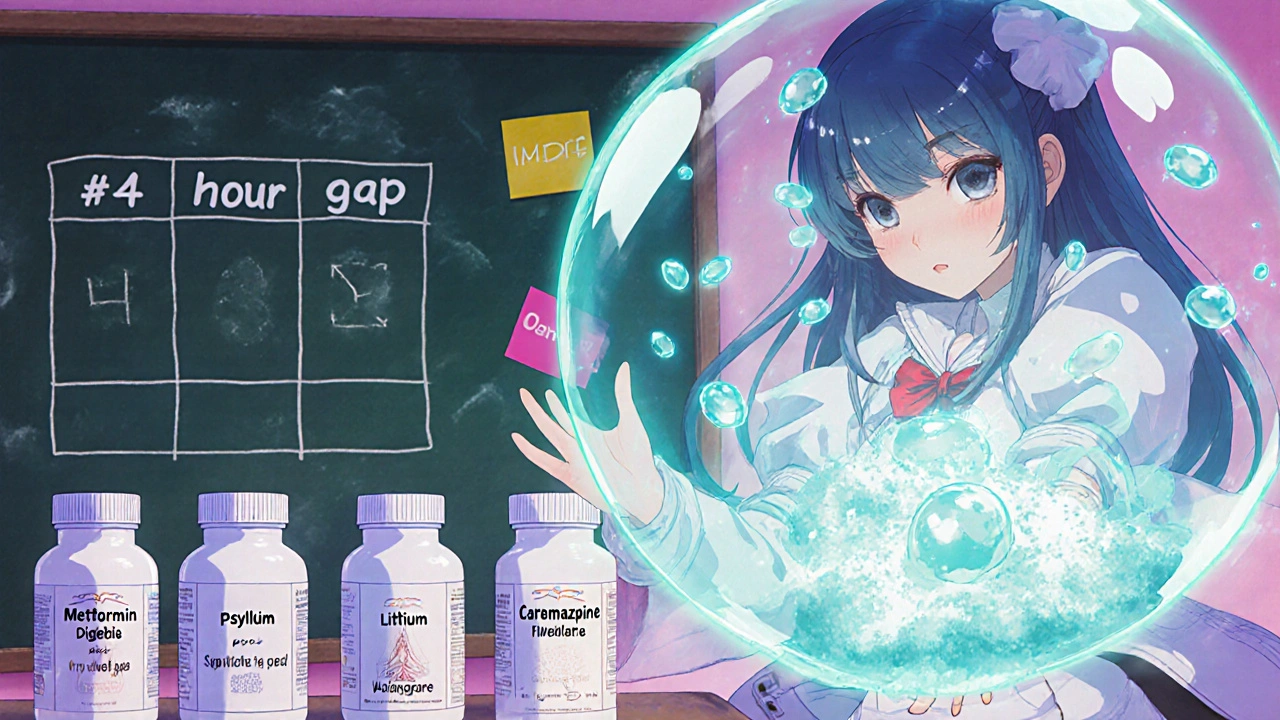 Magical girl creates a teal bubble protecting medication bottles, showing a timing schedule.