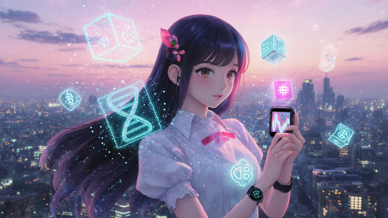 Magical girl floats above a city holding a smartwatch with AI, blockchain, and genetic data.