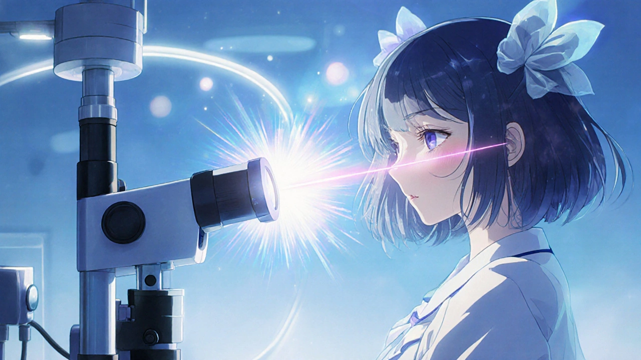 Magical girl guides a laser to create an iris opening in a clinic setting.
