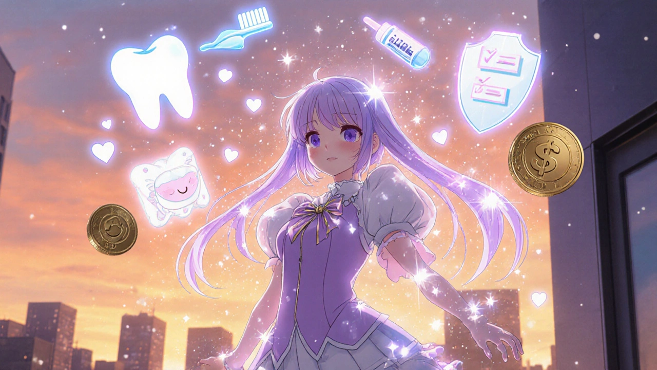 Magical girl stands at sunset outside clinic, surrounded by floating dental checklist icons and sparkling hearts.
