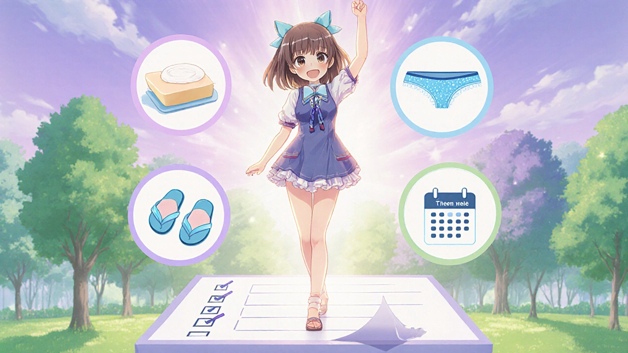 Magical girl stands beside a floating checklist of hygiene items, celebrating recovery.