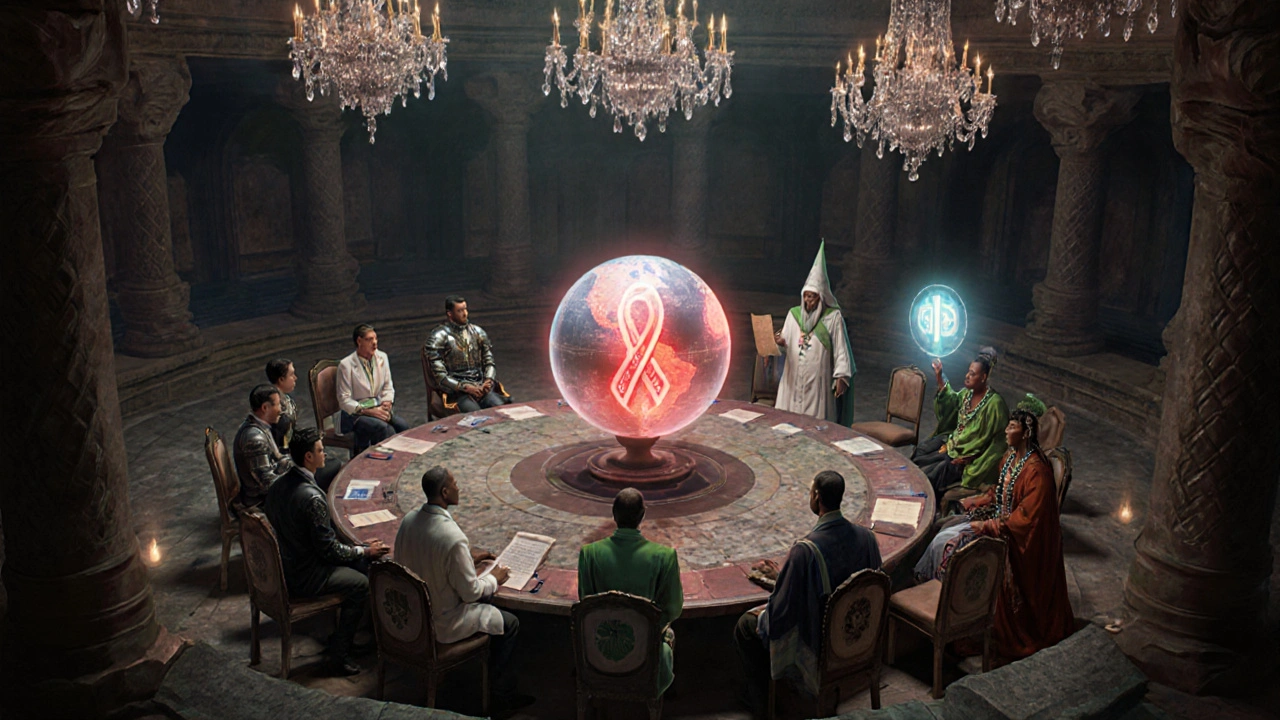 Round council chamber with diverse leaders gathered around a glowing HIV globe.