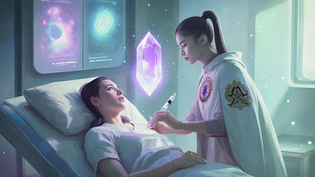 RPG healer administering daily sub‑cutaneous injection to a patient, with a glowing diagnostic crystal nearby.